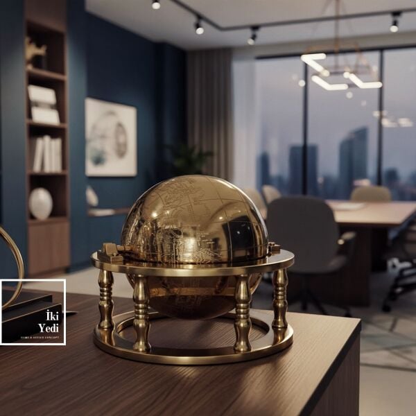 Astoria Gold Döküm Metal Bilgelik Çemberi 24 cm Dekoratif Dünya Küresi Ofis Objesi Hediyelik Lüks