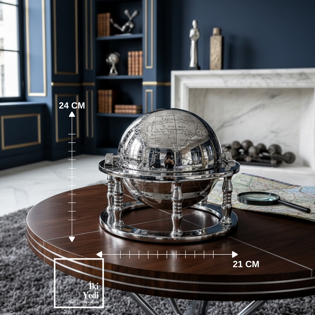 Astoria Krom Döküm Metal Bilgelik Çemberi 24 cm Dekoratif Dünya Küresi Ofis Objesi Hediyelik Lüks