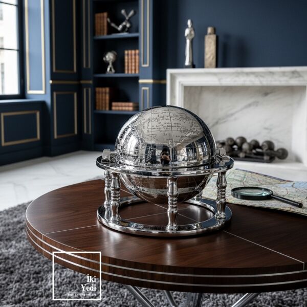 Astoria Krom Döküm Metal Bilgelik Çemberi 24 cm Dekoratif Dünya Küresi Ofis Objesi Hediyelik Lüks