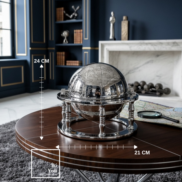Astoria Krom Döküm Metal Bilgelik Çemberi 24 cm Dekoratif Dünya Küresi Ofis Objesi Hediyelik Lüks