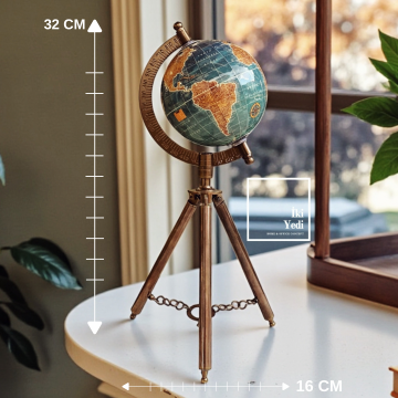 Diego Bronz Tripod Ayaklı Dünya Küresi 32 cm – Ofis Masası Dekoru, Şık Hediye, Retro Obje Hediyelik