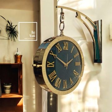 Morandi Gold Metal Büyük Yan Duvar Saati Çift Taraflı İstasyon Saati Dekoratif Dekorasyon Dekor Lüks Hediyelik Ev Ofis Büro