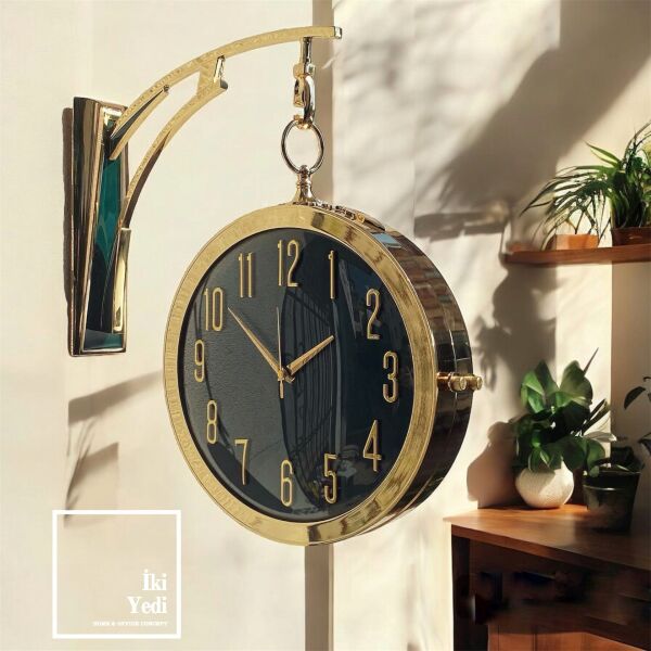 Morandi Gold Metal Büyük Yan Duvar Saati Çift Taraflı İstasyon Saati Dekoratif Dekorasyon Dekor Lüks Hediyelik Ev Ofis Büro