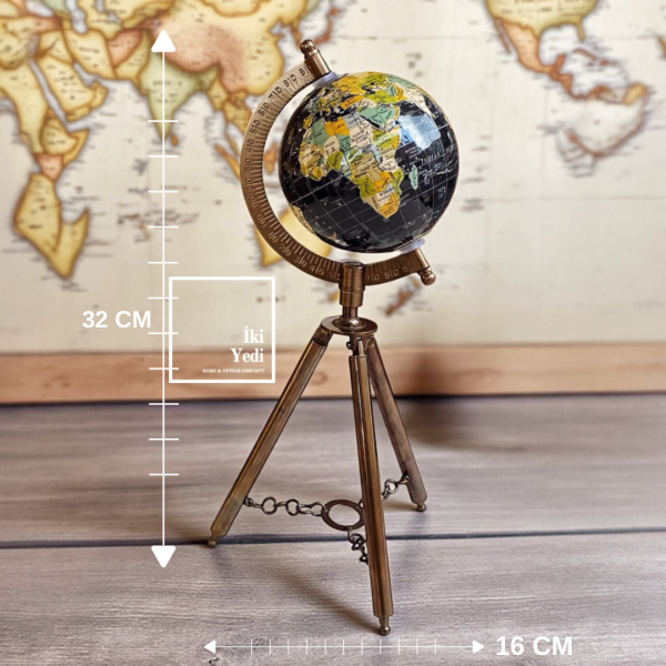 Diego Bronz Tripod Ayaklı Siyah Dünya Küresi 32 cm Ofis Masası Dekoru Şık Hediye Retro Obje Hediye