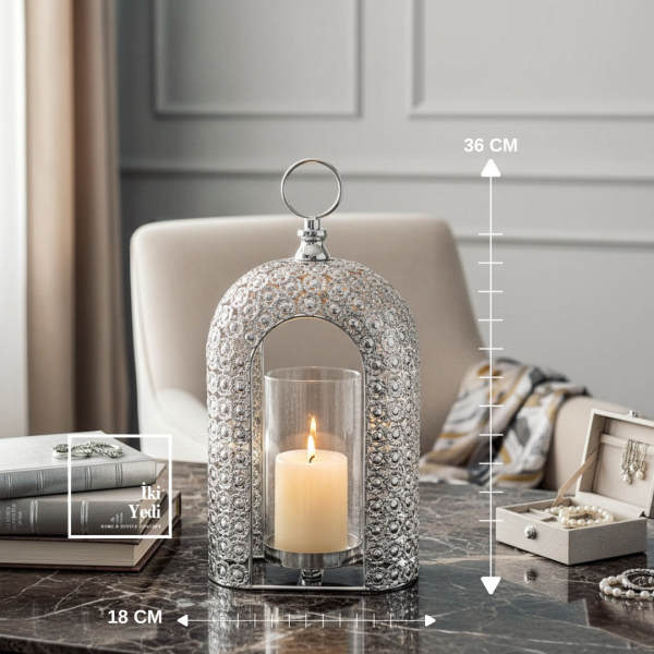 Luzon 771 Mihenk Işığı Dekoratif Mumluk Fener | Gümüş Taş Detaylı Şık Salon ve Masa Üstü Aksesuarı
