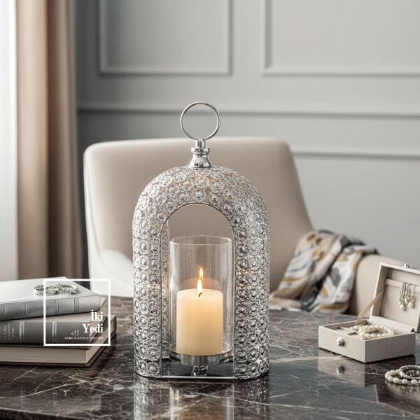 Luzon 771 Mihenk Işığı Dekoratif Mumluk Fener | Gümüş Taş Detaylı Şık Salon ve Masa Üstü Aksesuarı