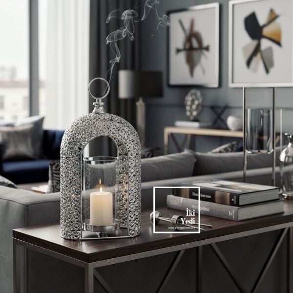 Luzon 771 Mihenk Işığı Dekoratif Mumluk Fener | Gümüş Taş Detaylı Şık Salon ve Masa Üstü Aksesuarı