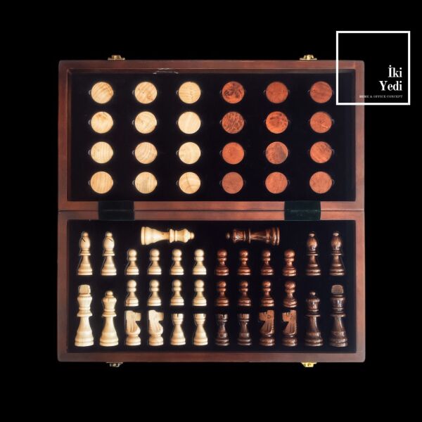 Araujo Ahşap Hazneli Mıknatıslı Satranç ve Dama Takımı – Katlanabilir Lüks Oyun Seti Hediyelik Şık