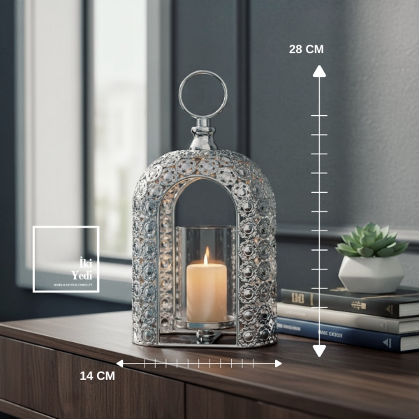 Luzon 772 Mihenk Işığı Dekoratif Mumluk Fener İşleme Detay Gümüş Tasarım Salon Masa Üstü Aksesuarı