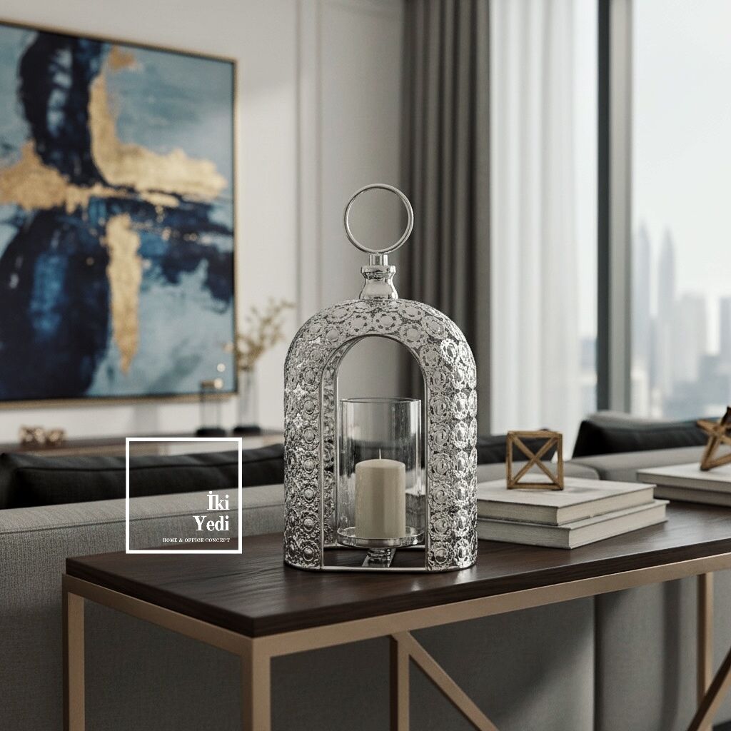 Luzon 772 Mihenk Işığı Dekoratif Mumluk Fener İşleme Detay Gümüş Tasarım Salon Masa Üstü Aksesuarı