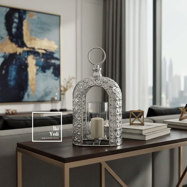 Luzon 772 Mihenk Işığı Dekoratif Mumluk Fener İşleme Detay Gümüş Tasarım Salon Masa Üstü Aksesuarı