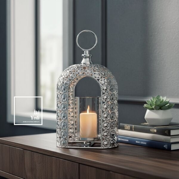 Luzon 772 Mihenk Işığı Dekoratif Mumluk Fener İşleme Detay Gümüş Tasarım Salon Masa Üstü Aksesuarı