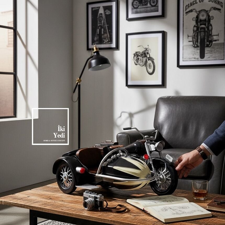 Orleans 1926 Özgürlüğün Eski Yolcusu Retro Motorsiklet Dekoru Yan Sepetli Vintage Masa Objesi Motor