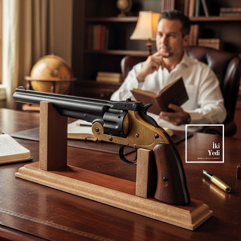 Schofield 1875 Replika Revolver Tabanca Maketi Dekoratif Altıpatlar Silah Objesi Ahşap Standlı VIP
