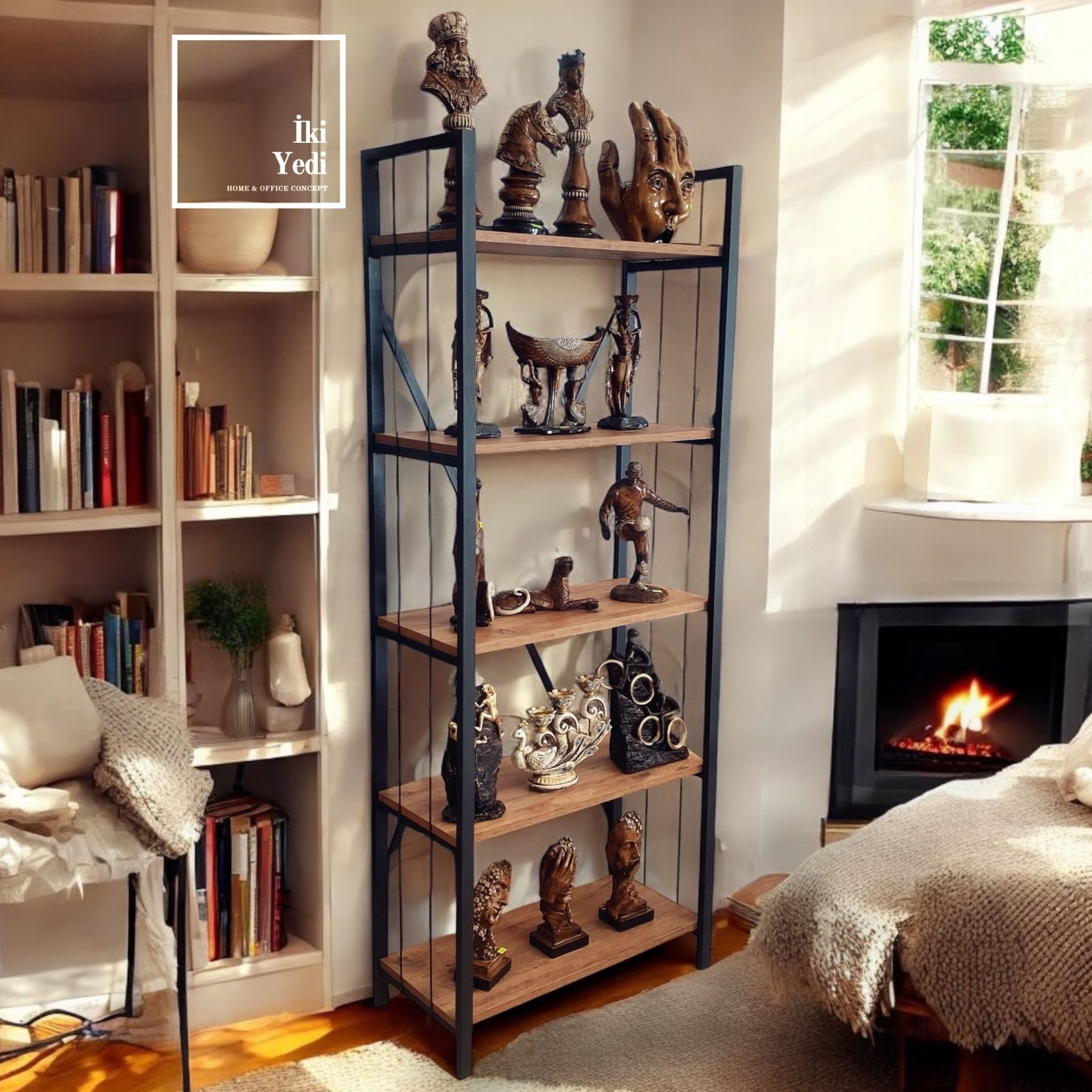 Jardin 180 cm Siyah Metal Kitaplık 5 Raflı Çam Rengi Ürün Teşhir Standı Ayakkabılık Çiçeklik Ev Dekorasyonu Ofis Mobilyaları