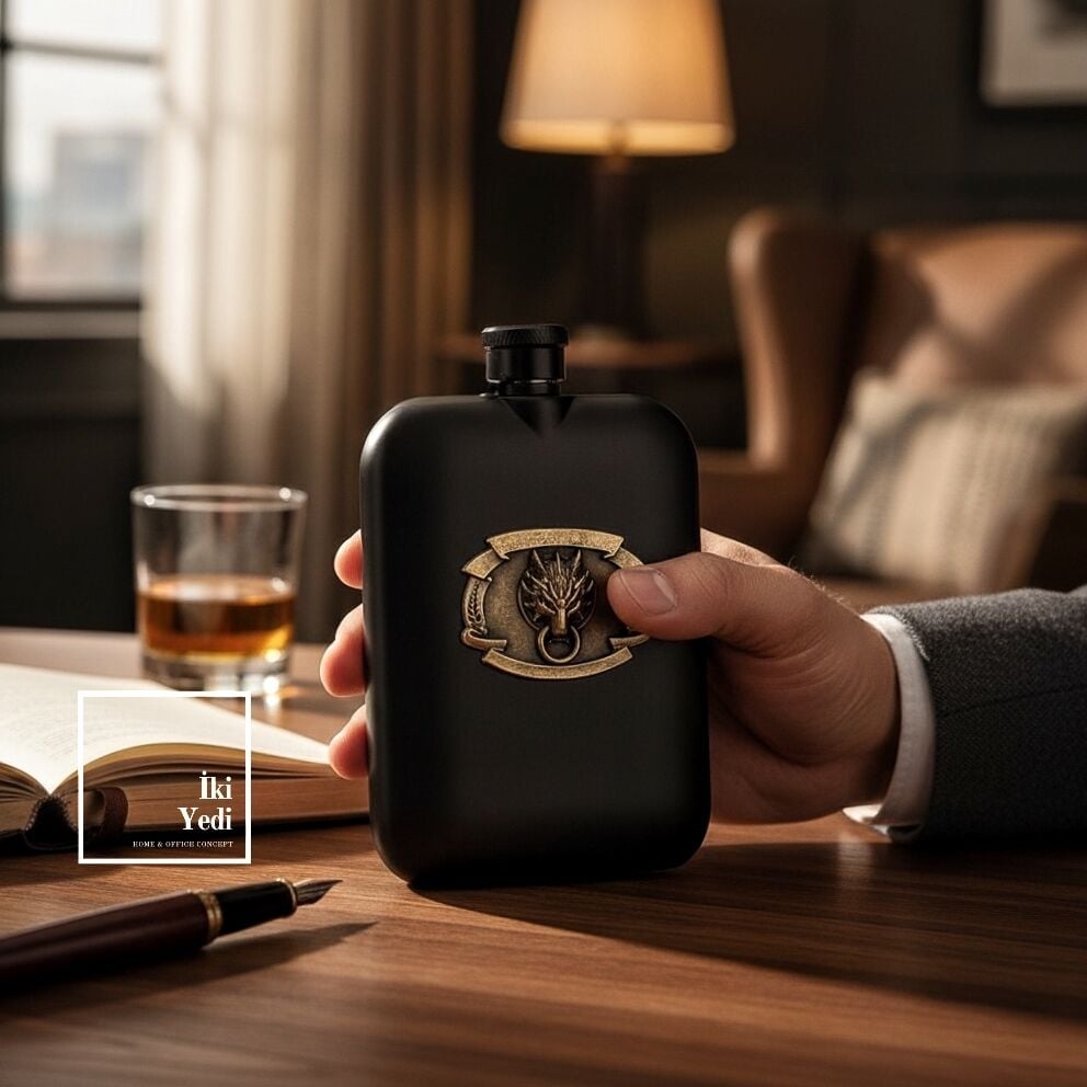 Visayas Gecenin Sessiz Yoldaşı Mat Siyah Paslanmaz Çelik Matara Kurt Figürlü Metal İçecek Şişesi