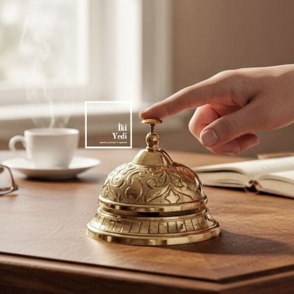 Atroce İşlemeli Döküm Pirinç Otel Resepsiyon Zili Masa Üstü Çan Retro Ofis Aksesuarı Hediyelik Gift