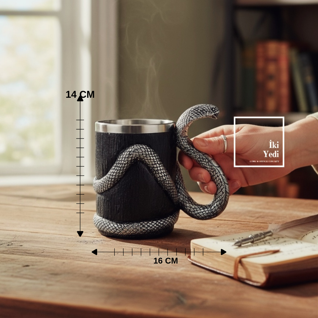 Massett Yılan Figürlü Paslanmaz Çelik Kupa Bardak Siyah Dokulu Büyük Boy Bardak Ofis Hediyesi Retro