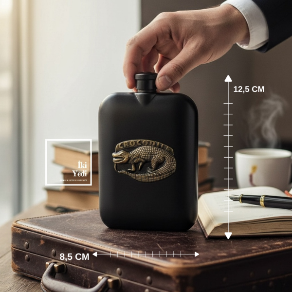 Visayas Gecenin Sessiz Yoldaşı Timsah Figürlü Mat Siyah Dekoratif Matara Paslanmaz Çelik Hediyelik