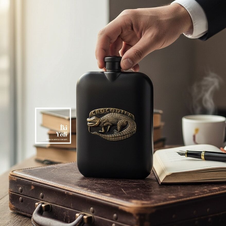 Visayas Gecenin Sessiz Yoldaşı Timsah Figürlü Mat Siyah Dekoratif Matara Paslanmaz Çelik Hediyelik