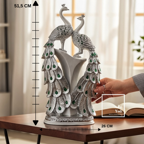 Amarillo 77-1 Gümüş Renkli Tavus Kuşu Biblo 51,5 cm – Lüks Dekoratif Obje, Ev Ofis Masa Süsü Heykel