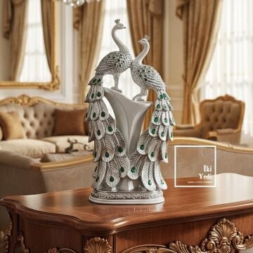 Amarillo 77-1 Gümüş Renkli Tavus Kuşu Biblo 51,5 cm – Lüks Dekoratif Obje, Ev Ofis Masa Süsü Heykel