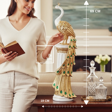 Amarillo 77-2 Altın Gold Renkli Tavus Kuşu Heykeli Lüks Dekoratif Obje, Ev Ofis Masa Süsü Heykel