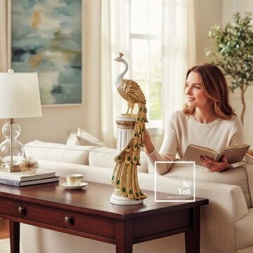 Amarillo 77-2 Altın Gold Renkli Tavus Kuşu Heykeli Lüks Dekoratif Obje, Ev Ofis Masa Süsü Heykel