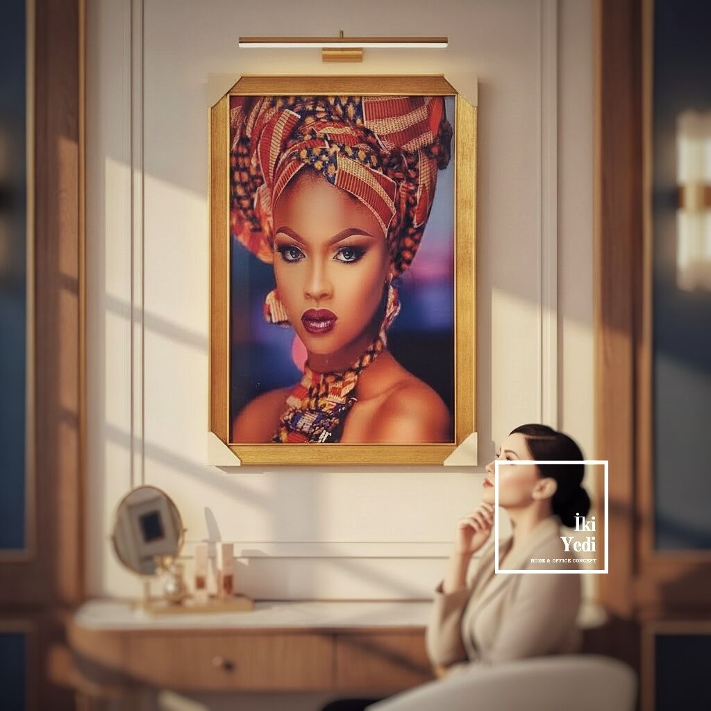 Makena Kraliçenin Bakışı Afrikalı Kadın Portre Tablo Altın Çerçeveli Duvar Dekoru Sanatsal Tablo