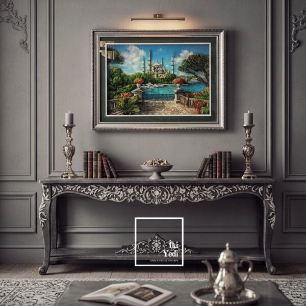 Mavi Kubbenin Huzuru Sultanahmet Rölyef Tablo İstanbul Manzaralı Gri Çerçerveli Duvar Dekoru Sanat