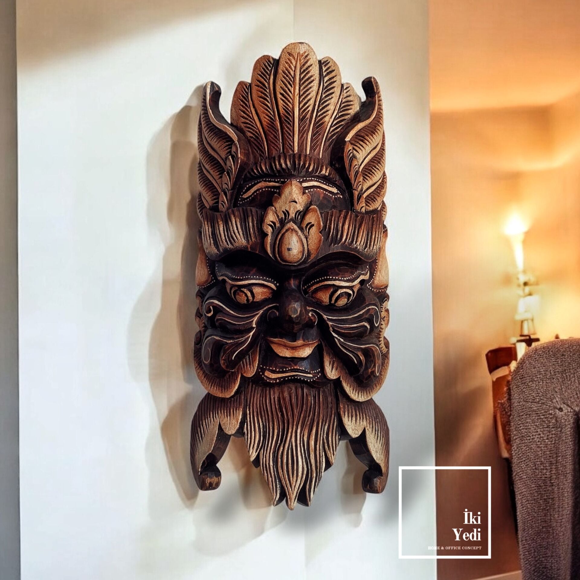 Momo 51 cm El Oyması Ahşap Maske – Etnik Duvar Süsü, Dekoratif Şaman Maskesi, El Yapımı Obje