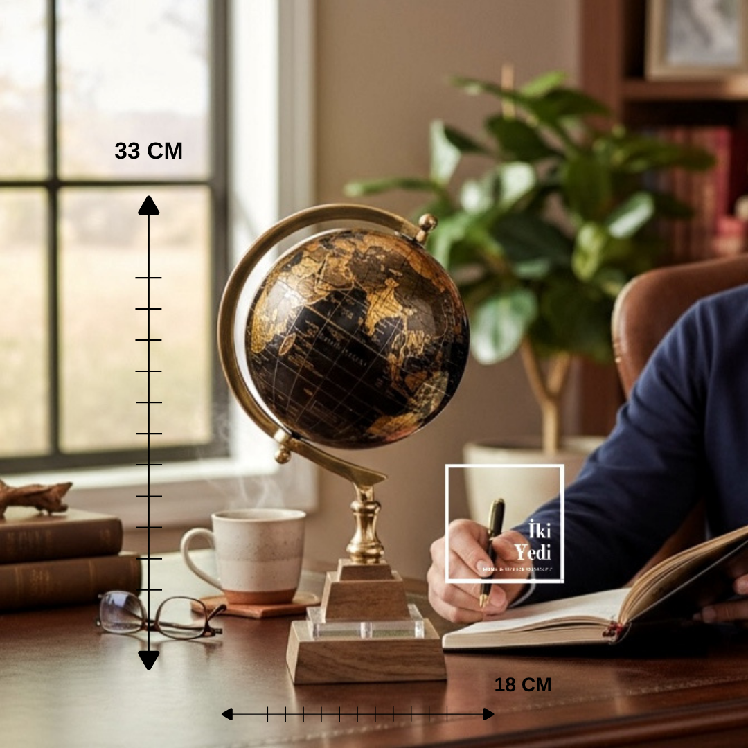 Seattle-M Ahşap Kaideli Dünya Küresi Siyah Gold Küre, Ofis Hediyesi, Lüks Dekoratif Obje Masa Üstü