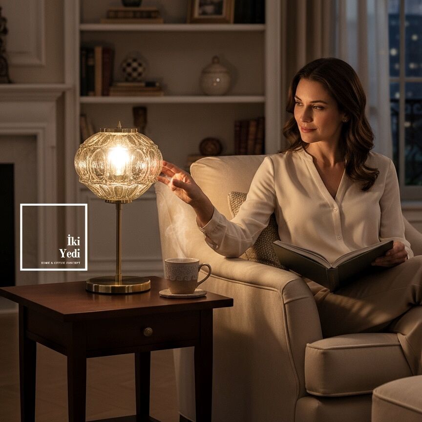 Levine Amber Renkli Antik Camlı Abajur Masa Lambası Dekoratif Sıcak Işık Ev Ofis Aydınlatma Hediye