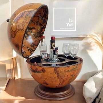 Nettuno Antik Dünya Bar Küresi, Şaraplık İçki Bölmeli Küre, Lüks Dekoratif Masa Üstü Hediye