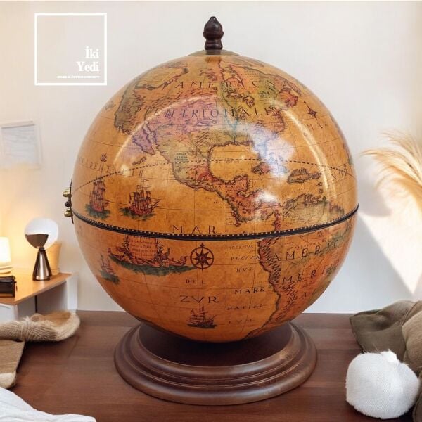 Nettuno Antik Dünya Bar Küresi, Şaraplık İçki Bölmeli Küre, Lüks Dekoratif Masa Üstü Hediye