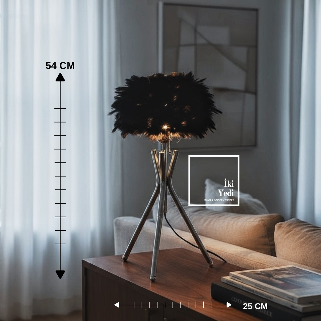 Miava Siyah Tüylü Krom Ayaklı Masa Lambası 54 cm Dekoratif Abajur Modern Ev Ofis Aydınlatma Hediye