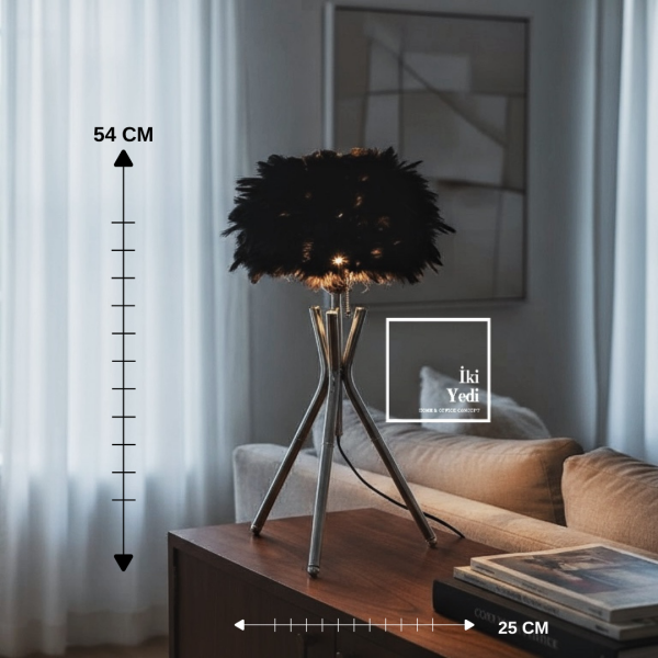 Miava Siyah Tüylü Krom Ayaklı Masa Lambası 54 cm Dekoratif Abajur Modern Ev Ofis Aydınlatma Hediye