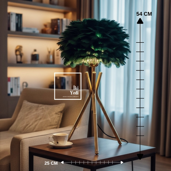 Miava Yeşil Tüylü Bronz Ayaklı Masa Lambası 54 cm Dekoratif Abajur Modern Ev Ofis Aydınlatma Hediye