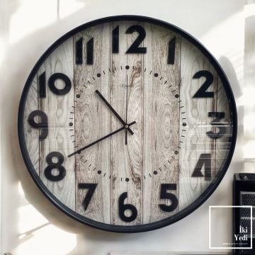 Ajaccio 50 cm Ahşap Desenli Duvar Saati Sessiz Mekanizmalı Dekoratif Saat Ev Ofis Dekoru