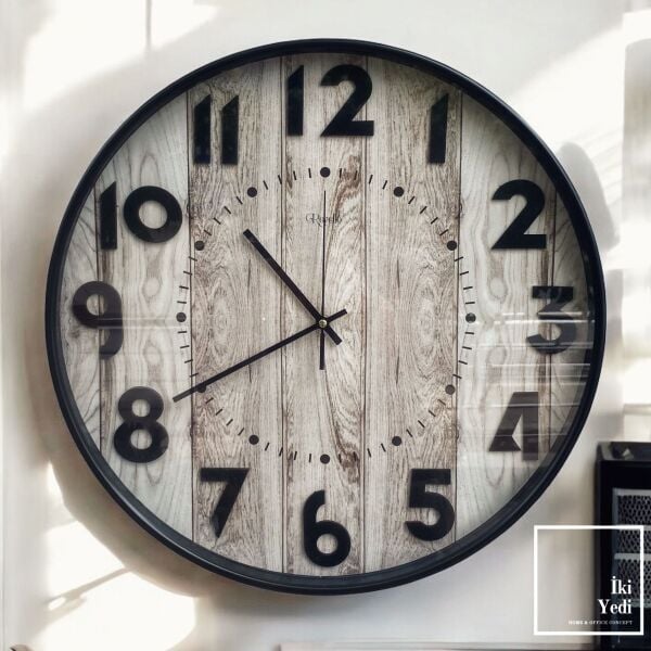 Ajaccio 50 cm Ahşap Desenli Duvar Saati Sessiz Mekanizmalı Dekoratif Saat Ev Ofis Dekoru