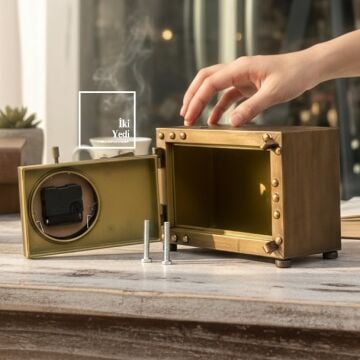 Solanke Bronz Metal Para Kasası Tasarımlı Kumbara ve Masa Saati, Dekoratif Retro Ofis Hediyesi Obje