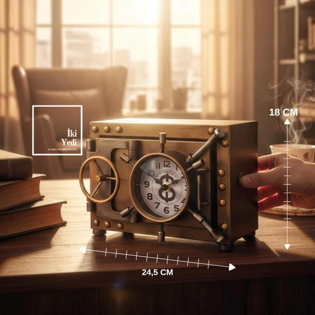 Solanke Bronz Metal Para Kasası Tasarımlı Kumbara ve Masa Saati, Dekoratif Retro Ofis Hediyesi Obje