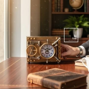 Solanke Bronz Metal Para Kasası Tasarımlı Kumbara ve Masa Saati, Dekoratif Retro Ofis Hediyesi Obje