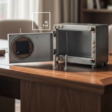 Solanke Krom Metal Para Kasası Tasarımlı Kumbara ve Masa Saati, Dekoratif Retro Ofis Hediyesi Obje