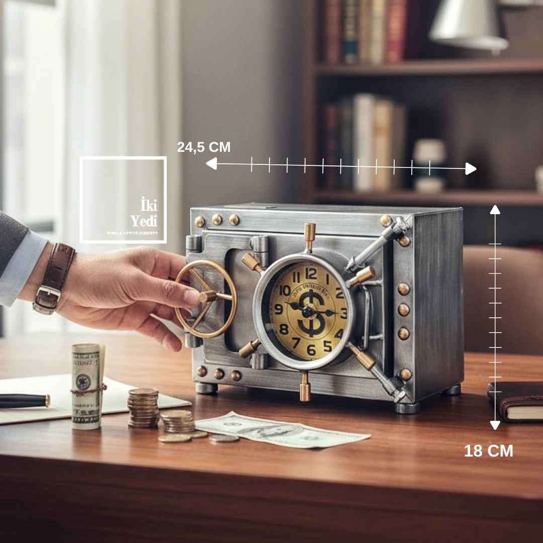 Solanke Krom Metal Para Kasası Tasarımlı Kumbara ve Masa Saati, Dekoratif Retro Ofis Hediyesi Obje