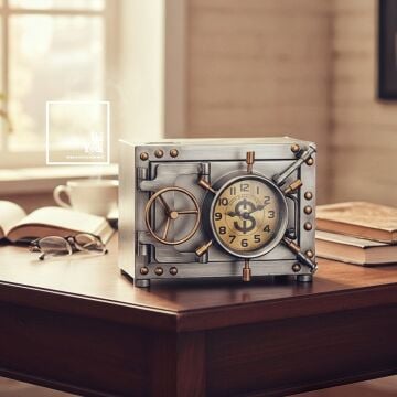 Solanke Krom Metal Para Kasası Tasarımlı Kumbara ve Masa Saati, Dekoratif Retro Ofis Hediyesi Obje