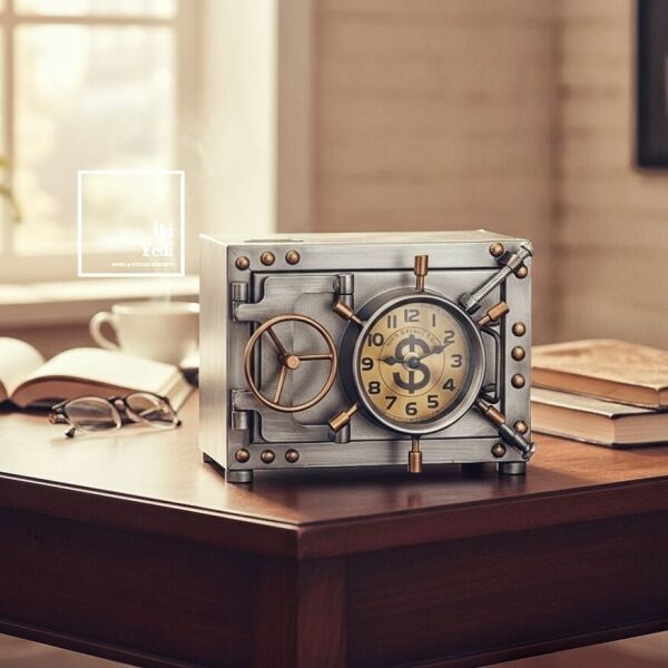 Solanke Krom Metal Para Kasası Tasarımlı Kumbara ve Masa Saati, Dekoratif Retro Ofis Hediyesi Obje