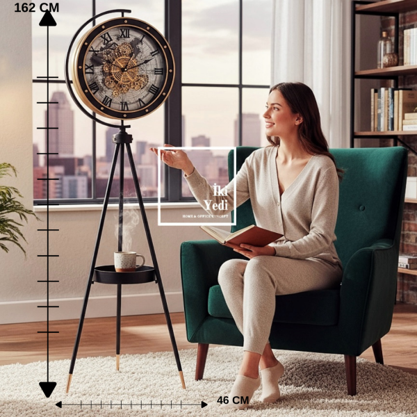 Atalanta 162 cm Siyah Tripod Ayaklı Metal Döner Çarklı Tepsili Salon Saati Lüks Ofis Hediyesi Ev İş
