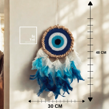DreamCatcher77-1 Nazar Boncuklu Tüylü Rüya Kapanı – 48x30 cm El Yapımı Düş Kapanı Duvar Süsü