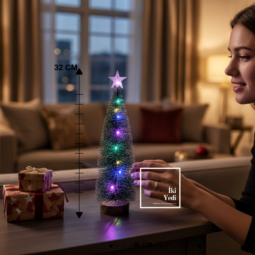Santa 32 cm Işıklı Mini Yılbaşı Ağacı, LED Aydınlatmalı Dekoratif Çam Ağacı, Yeni Yıl Hediyesi